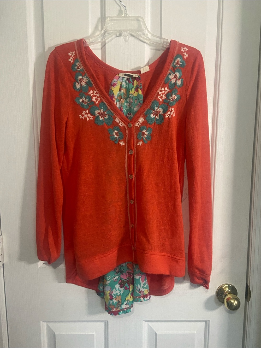Miss Me Orange V-Neck Cardigan with Teal Floral Embroidery